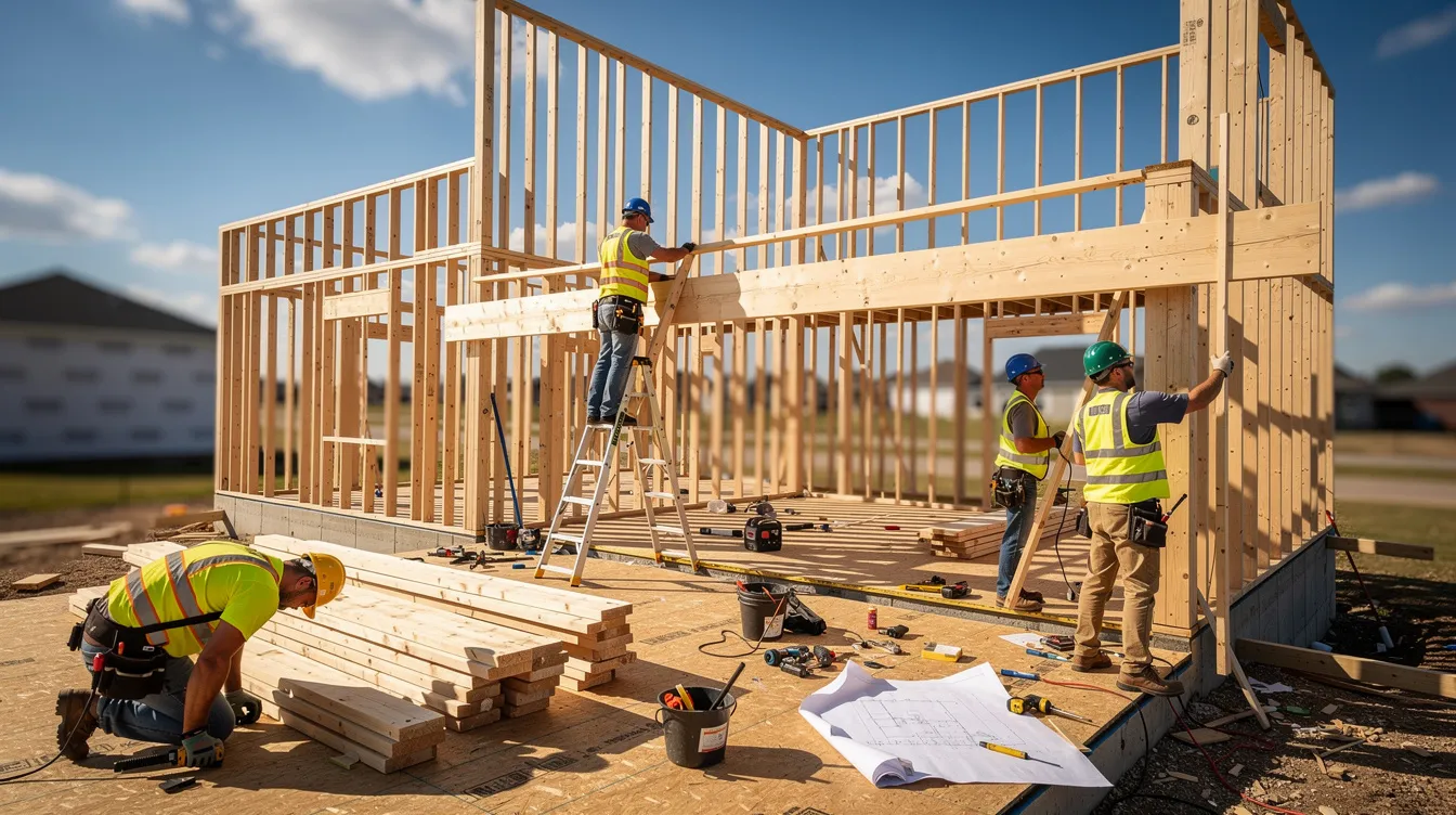 The image depicts construction workers actively framing a residential house on a sunny day, showcasing a busy construction site where a project team is engaged in their work. The scene highlights the use of various construction materials and tools, emphasizing the collaborative effort involved in successful building projects.