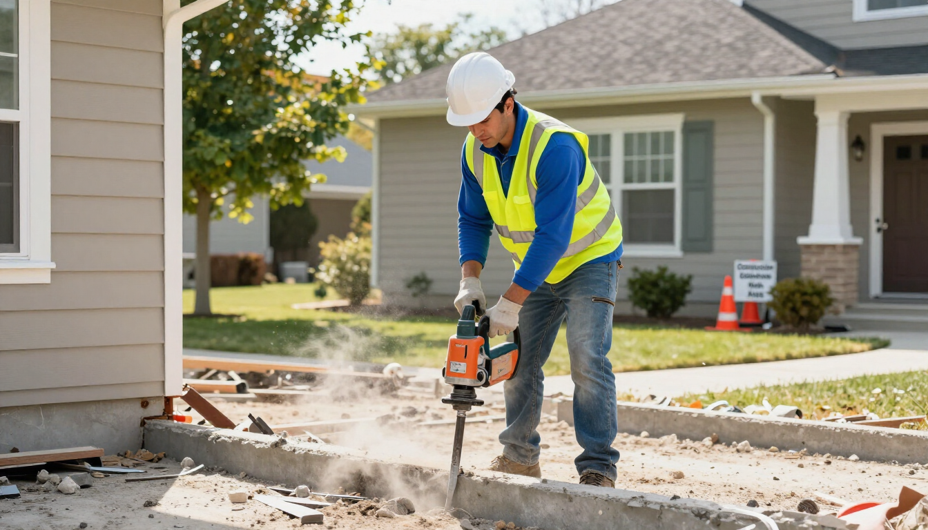 Construction worker using a jackhammer to break concrete on a suburban driveway.