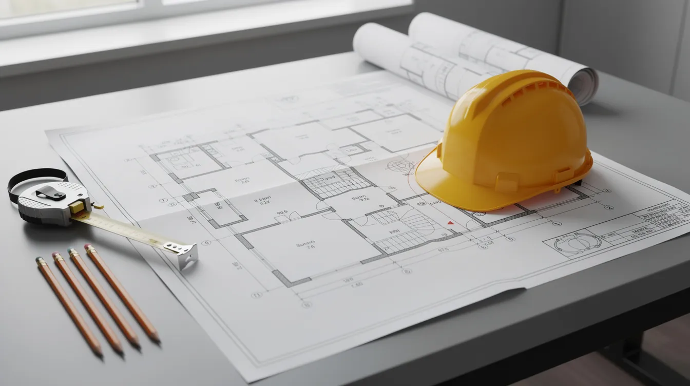 The image shows architectural blueprints spread out on a construction table alongside a hard hat, symbolizing the planning phase of construction projects. This scene highlights the essential tools and materials used by construction managers and general contractors on a job site.