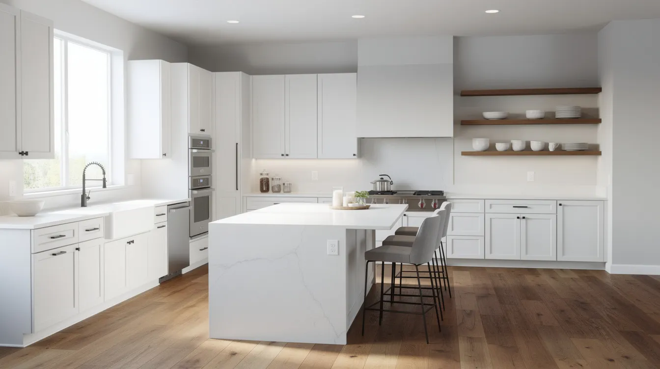 The image depicts a newly renovated modern kitchen featuring sleek white cabinetry and warm wood floors, showcasing the successful completion of a building project. This stylish space highlights the quality of construction work typical of a licensed contractor's attention to detail and design.