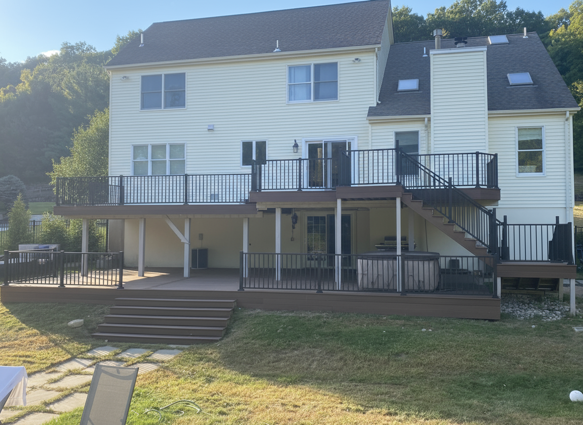 White two-story house with a large wooden deck, stairs, and a grassy yard in sunlight