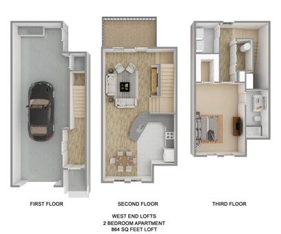 A 3d floor plan of a house with a car in the garage.