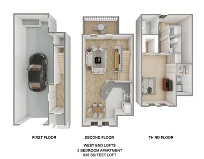 A 3d floor plan of a house with a car in the garage