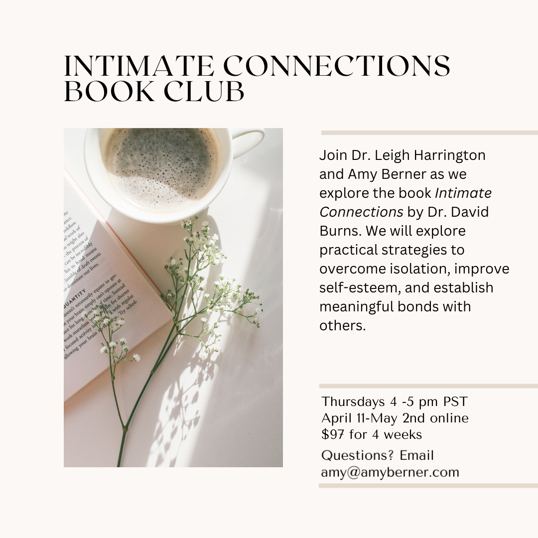 Book club flyer with coffee, open book, and plant on a beige background, announcing “Intimate Connections”