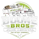 Boone Bros Junk Removal logo with trucks, green accents, and the slogan “Fast. Reliable. Affordable.”