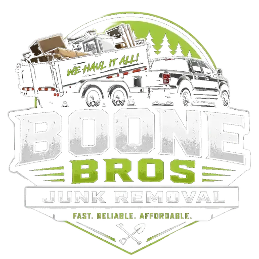 Boone Bros Junk Removal logo with trucks, green accents, and the slogan “Fast. Reliable. Affordable.”