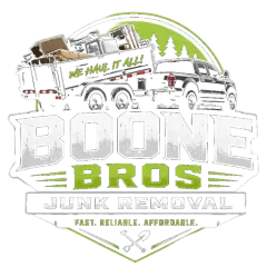 Boone Bros Junk Removal logo with trucks, green accents, and the slogan “Fast. Reliable. Affordable.”