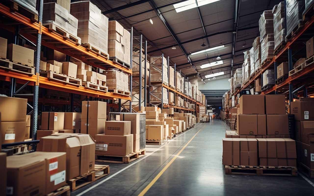 un grand entrepôt rempli de nombreuses boîtes sur des étagères.