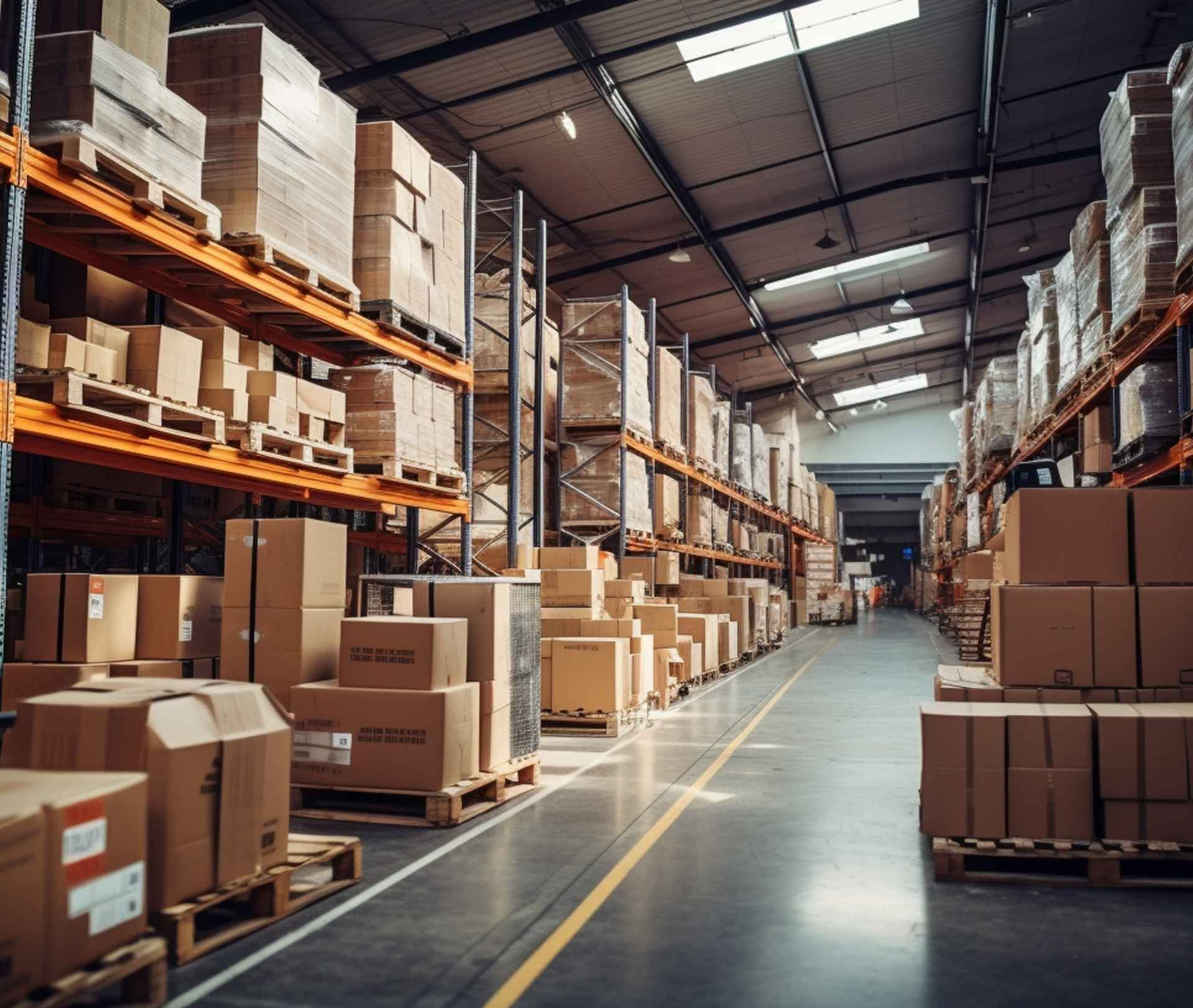 Intérieur d'entrepôt rempli de cartons sur des étagères et des palettes.