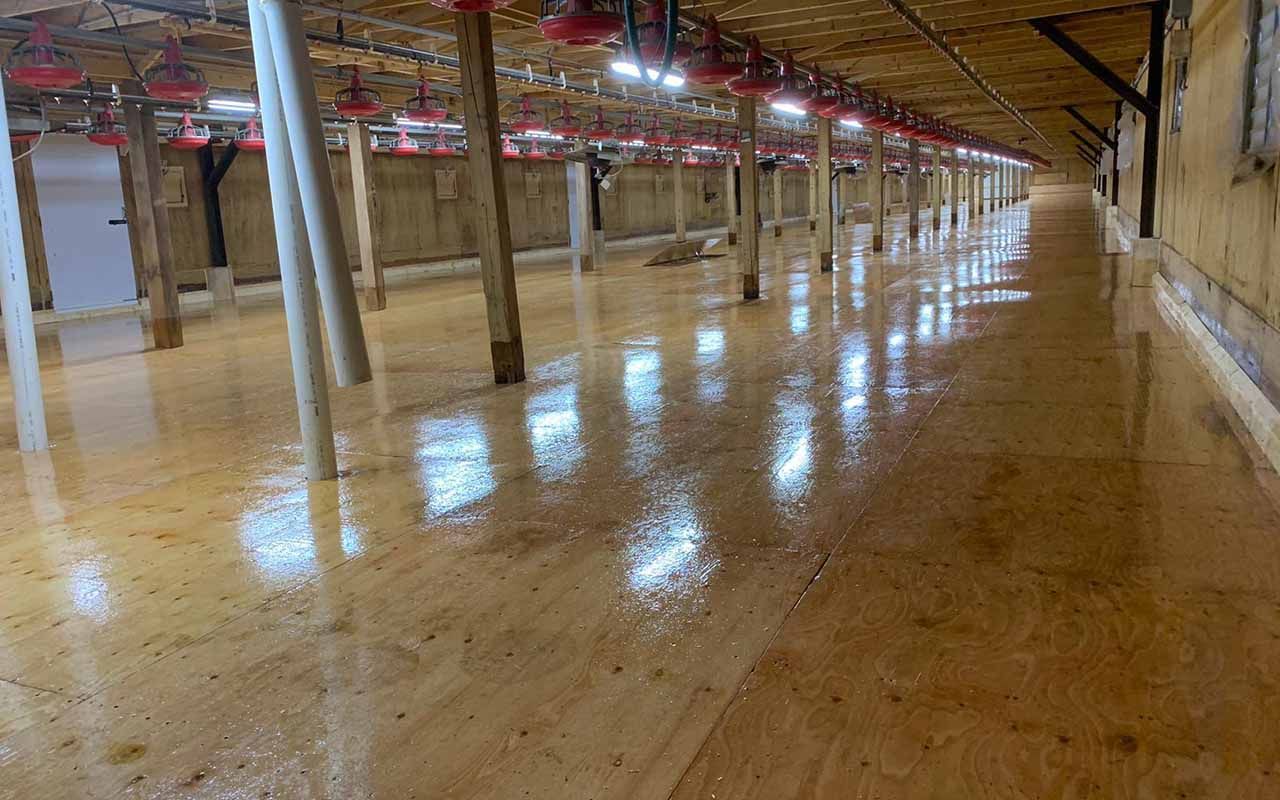 un long couloir en bois dans un bâtiment avec beaucoup de lumières au plafond.