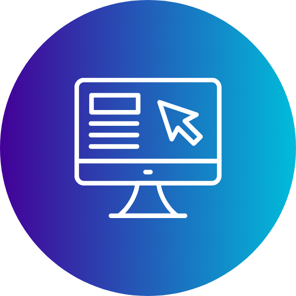Computer monitor with a webpage and a cursor, inside a blue and purple gradient circle.