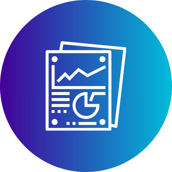 Two sheets of paper with data charts and graphs on a blue gradient background.