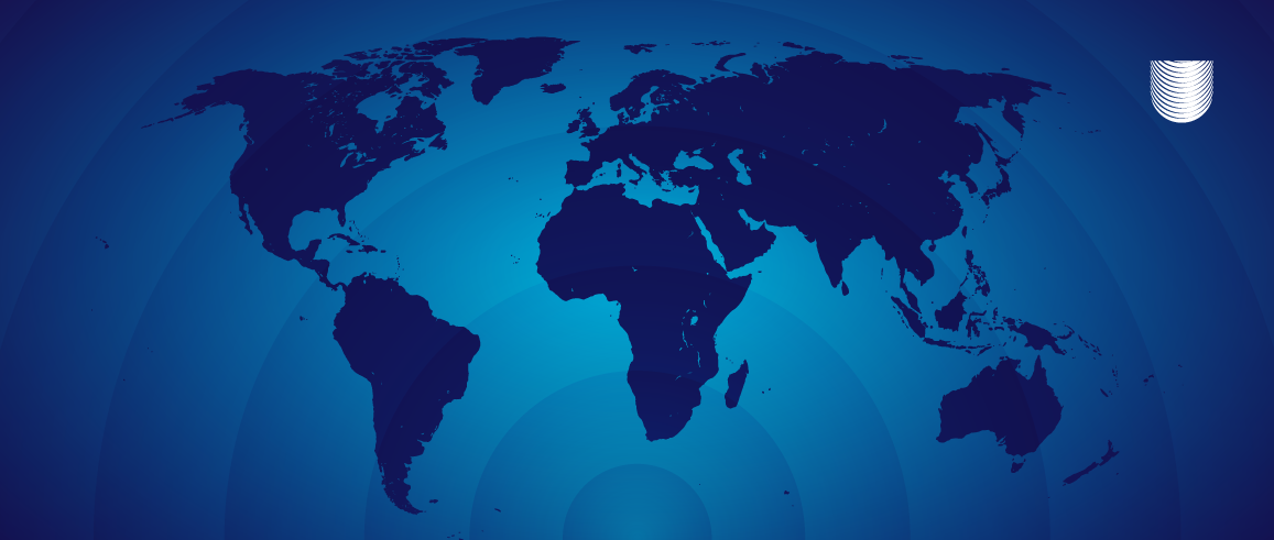 World map on a blue background, with a white logo in the top right.