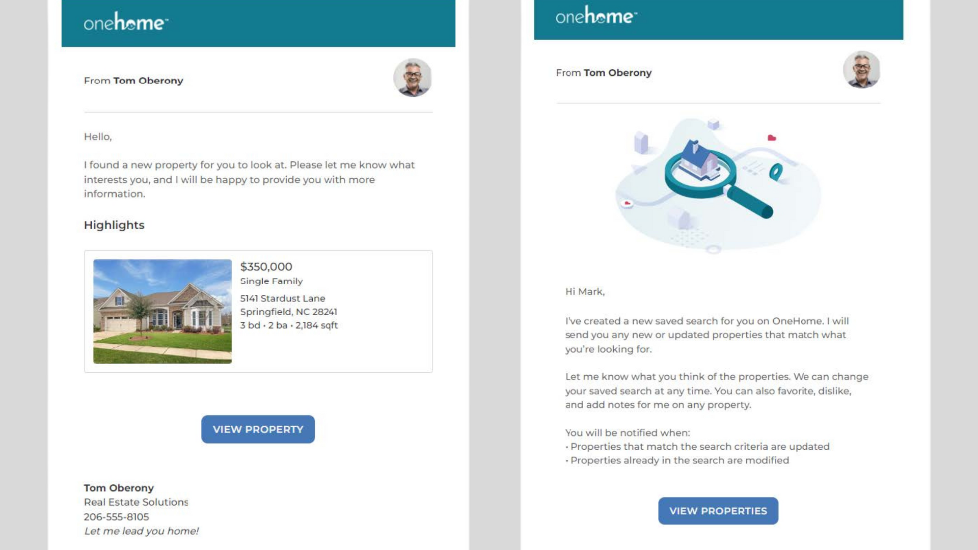 A couple of emails with a picture of a house and a magnifying glass.