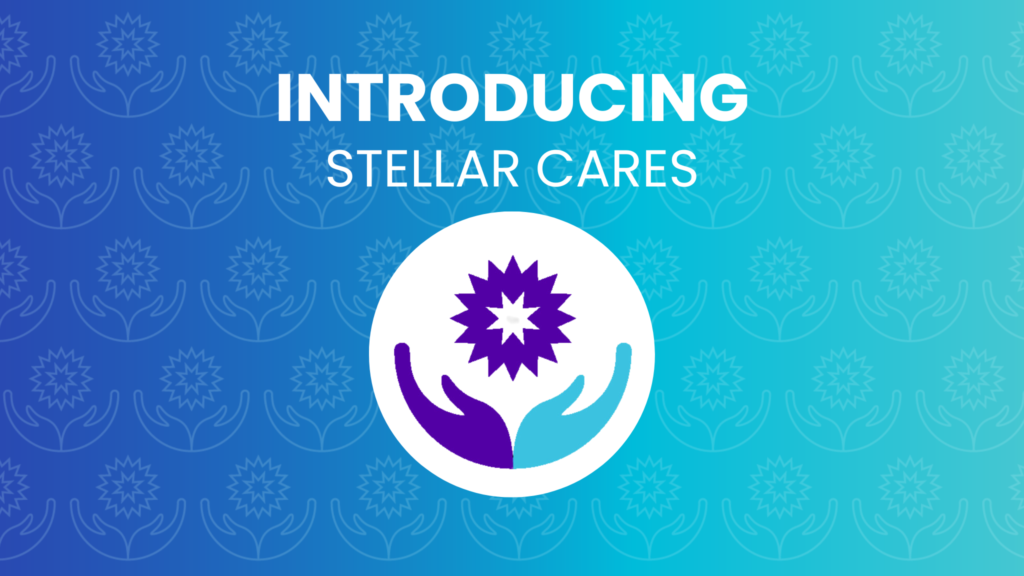 A blue background with a hand holding a star in a circle.