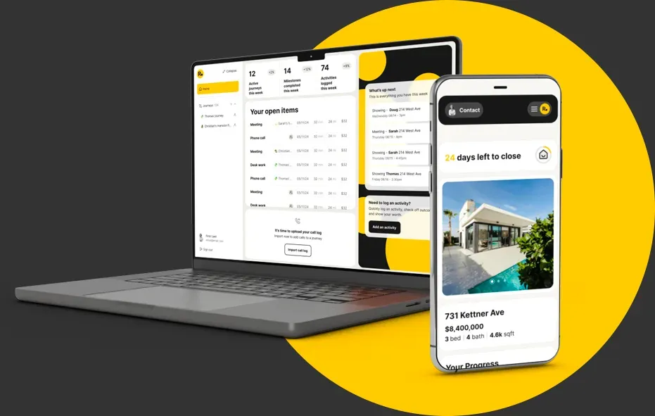 Laptop and smartphone displaying Rayse app interface, set against a yellow circle and dark gray background.