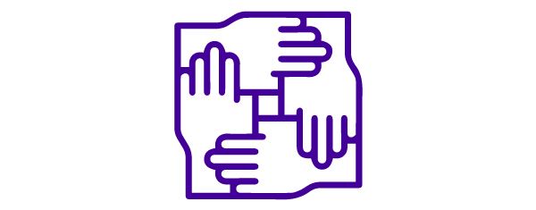 A purple icon of two hands holding each other.