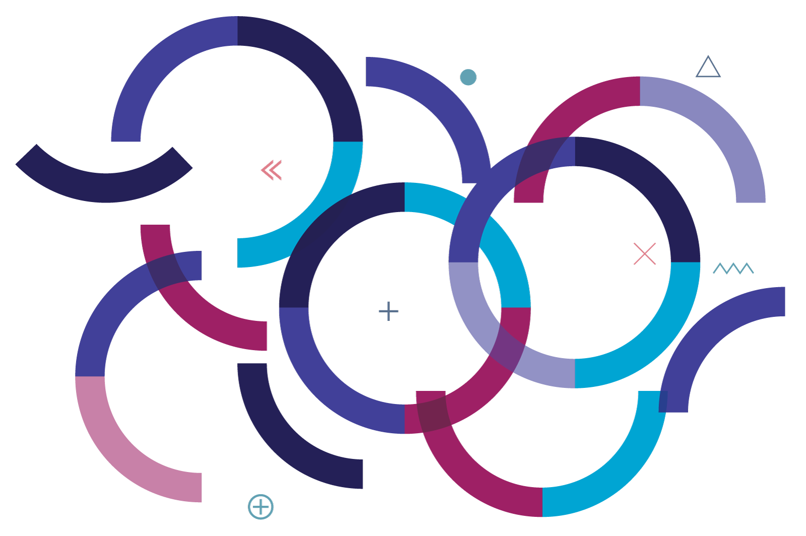 Abstract design with overlapping colorful arcs in shades of blue, purple, and pink.