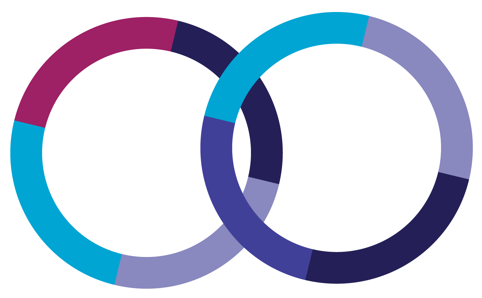 Interlocking rings with segmented sections of purple, blue, and teal colors.
