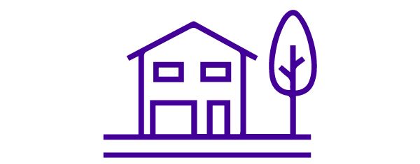 A line drawing of a house with a tree in front of it.
