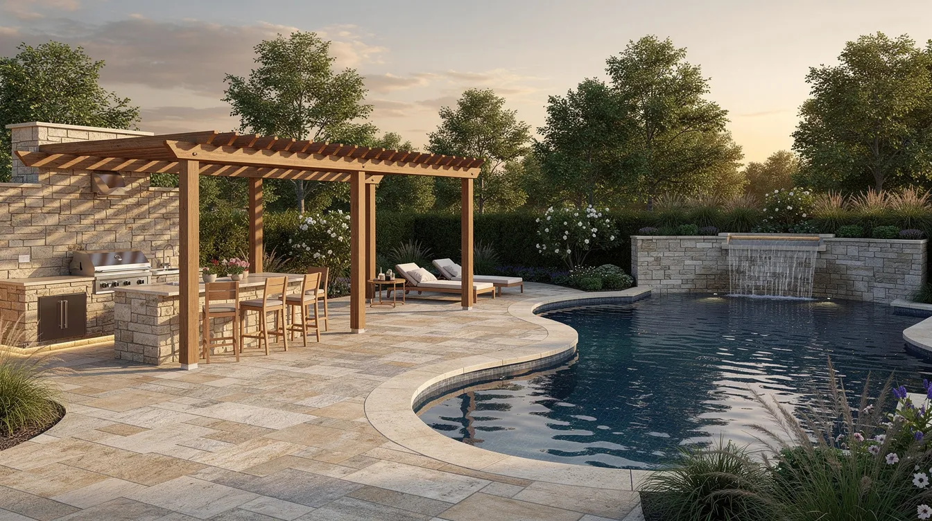Backyard pool with stone patio, pergola seating area, and trees at sunset