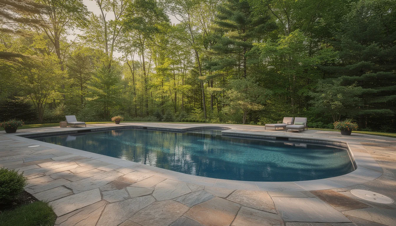 A blue backyard swimming pool surrounded by a stone patio and lush green forest trees under warm sunlight.