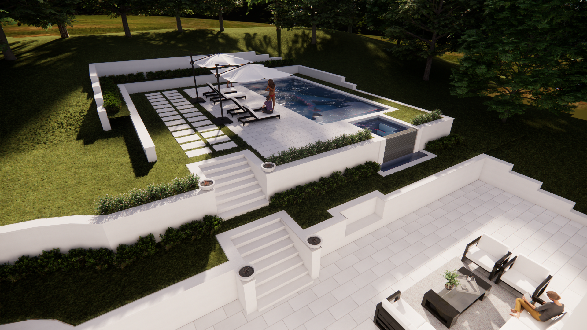 Modern backyard with white patio, lounge chairs, and a rectangular pool bordered by hedges and trees