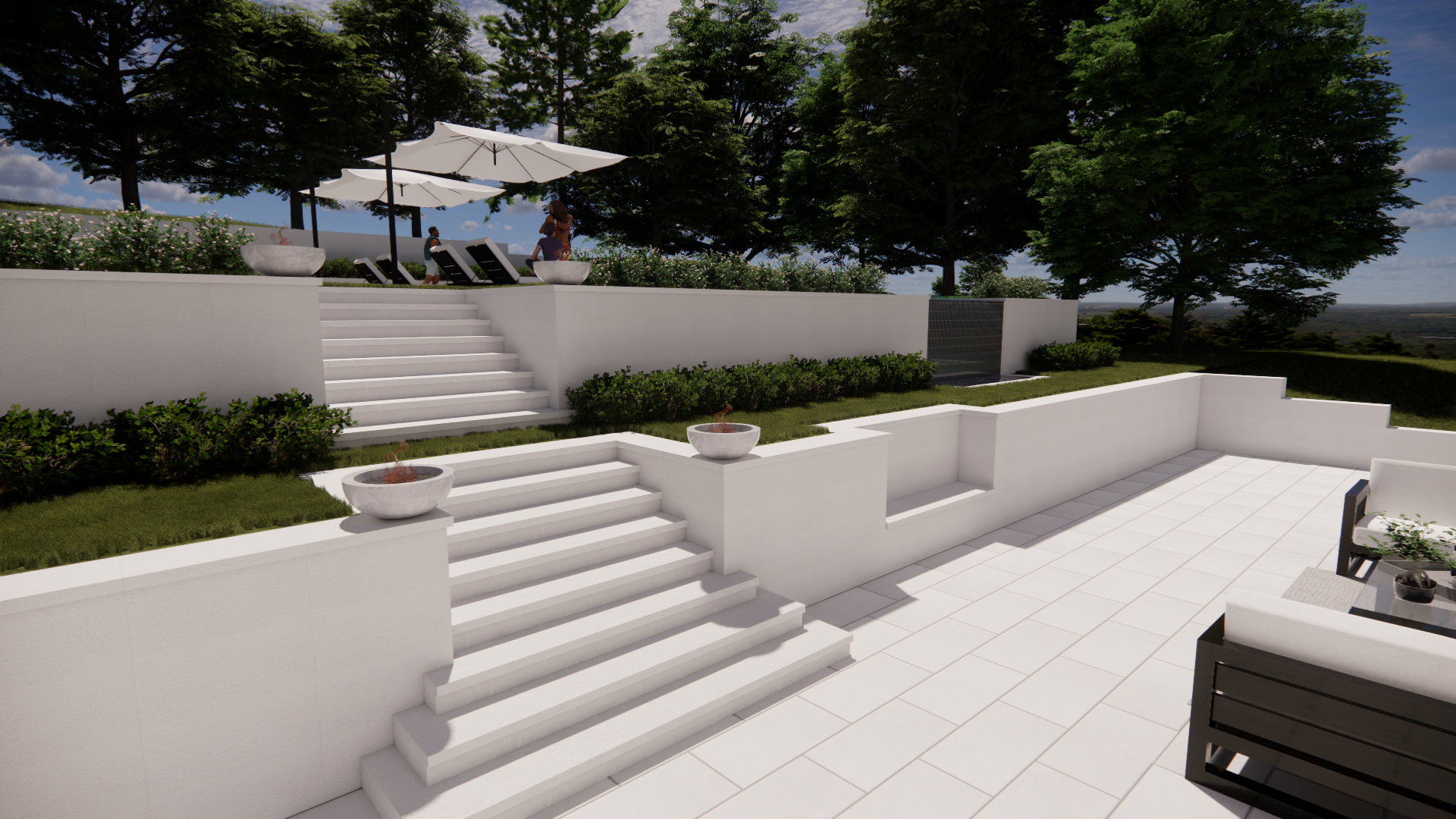 Modern white terrace with steps, planters, trees, and outdoor seating in a sunlit landscaped garden.