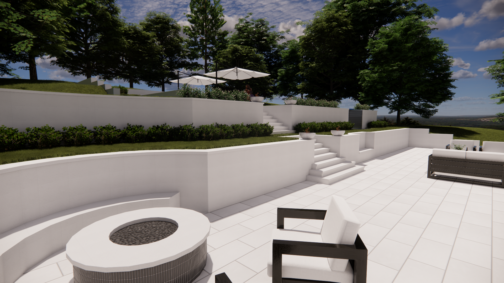White rooftop patio with lounge chairs, round fire pit, and trees under a blue sky.