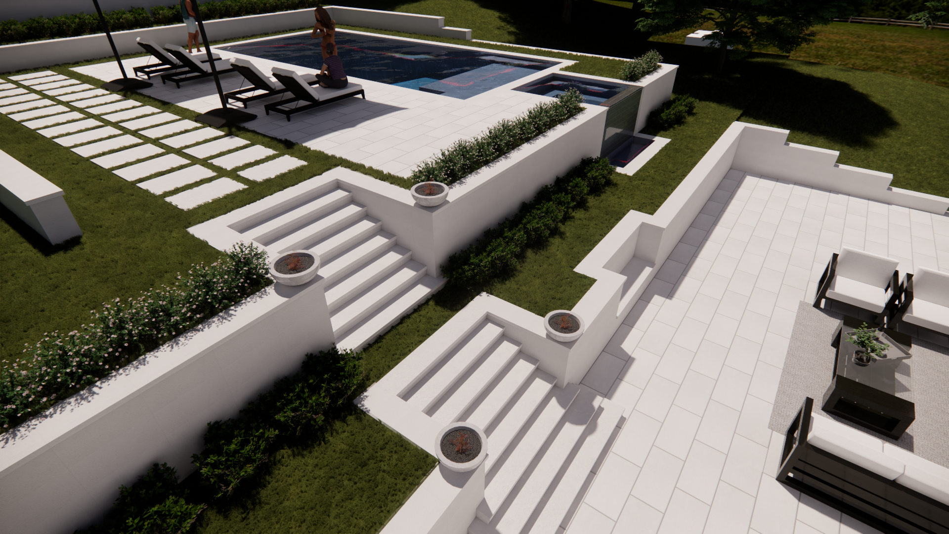 Modern outdoor patio with white steps, planters, and lounge seating in a landscaped yard