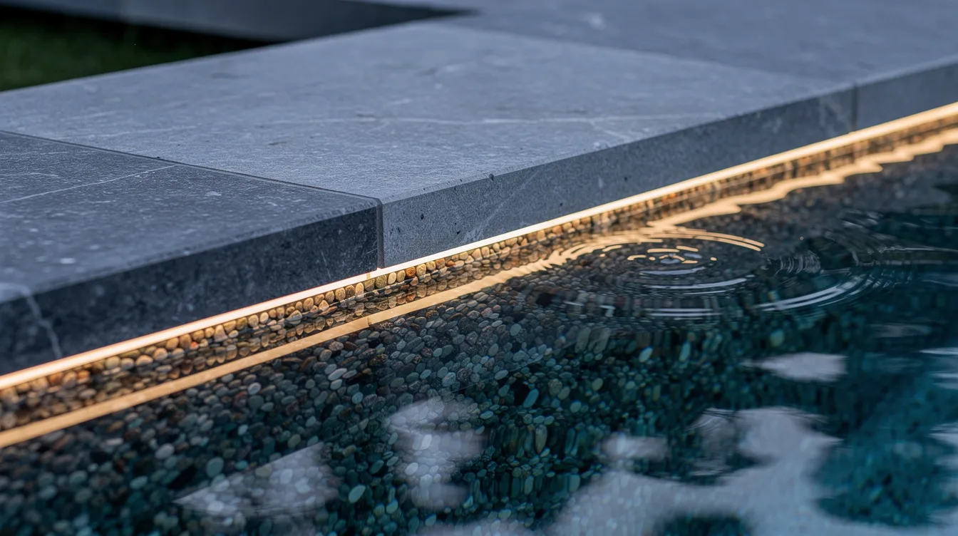 A close-up view of bluestone coping seamlessly meeting a pebble finish in a swimming pool, illuminated by reflections from built-in LED lighting. This modern design enhances the beauty of the outdoor living space, creating a relaxing atmosphere in the backyard oasis.