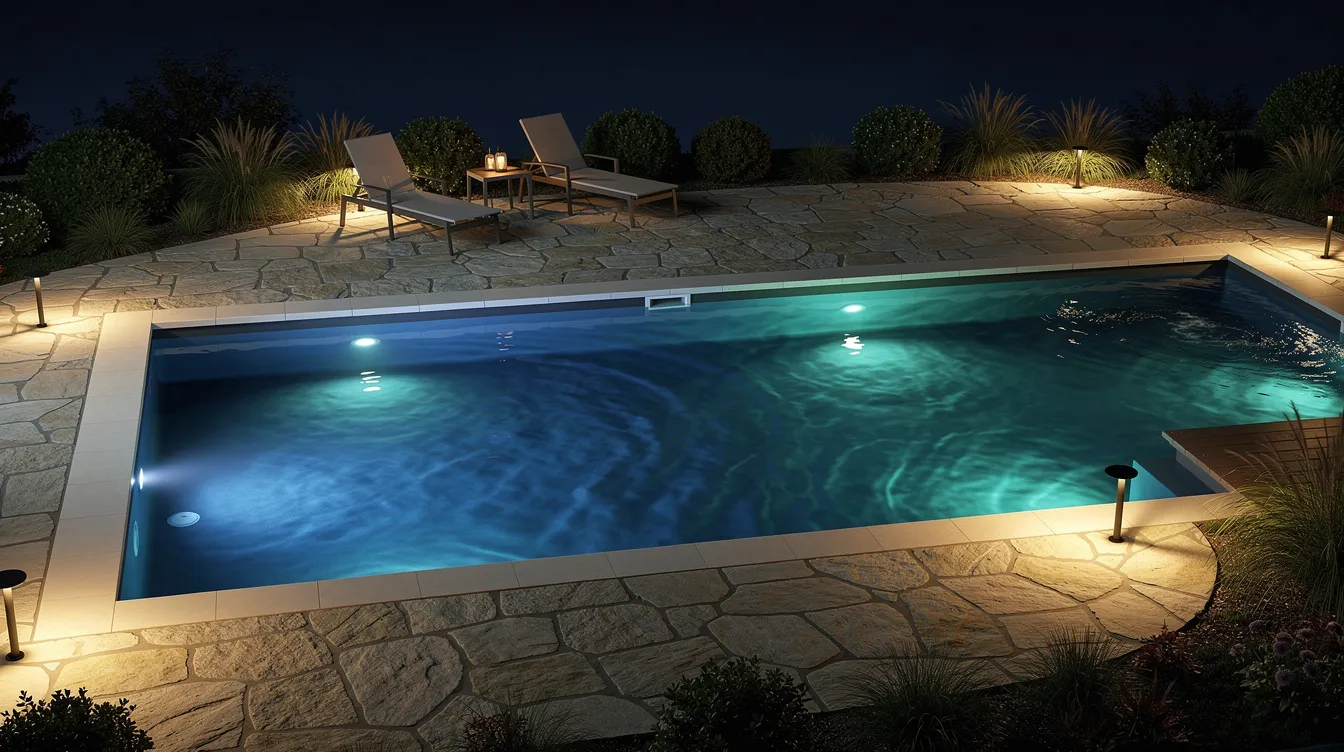 A luxurious gunite pool glows at night, illuminated by vibrant underwater LED lights that create a stunning ambiance. In the background, a stone patio complements the serene atmosphere, enhancing the overall mood of the setting.