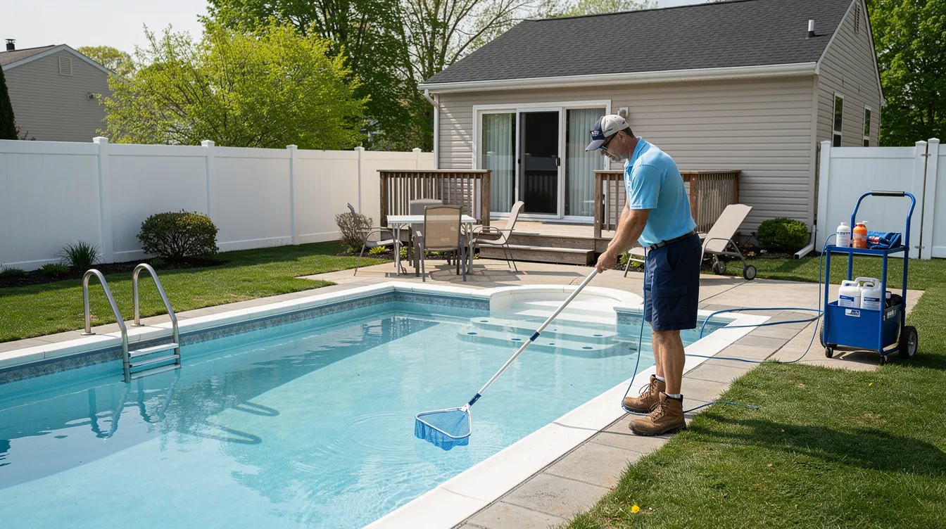 Person using a pool skimmer beside a backyard swimming pool on a sunny day