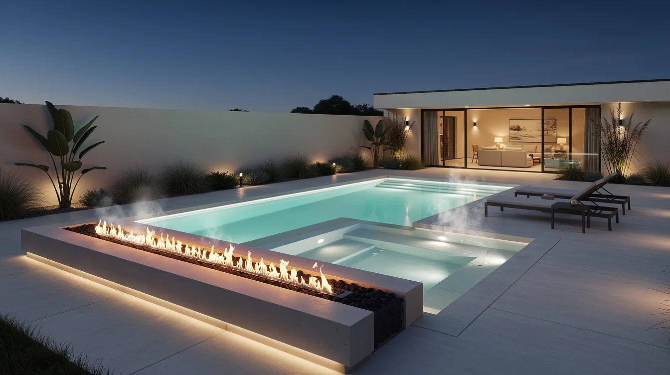 The image showcases a modern outdoor pool featuring a spa and a fire feature, illuminated by evening lighting that enhances the serene atmosphere of the backyard. This inviting space is designed for relaxation and enjoyment, perfect for gatherings or quiet evenings.