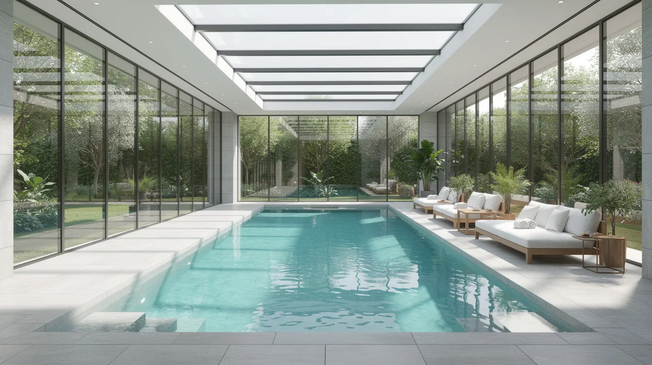 The image depicts a luxurious indoor swimming pool housed within a room featuring expansive glass walls and skylights, allowing natural light to fill the space. Comfortable lounge seating surrounds the pool, creating an inviting area for relaxation and leisure.