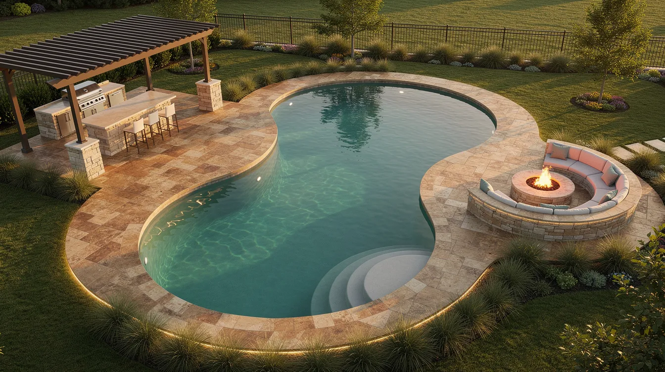 Backyard pool with stone patio, fire pit, and covered outdoor seating area at dusk
