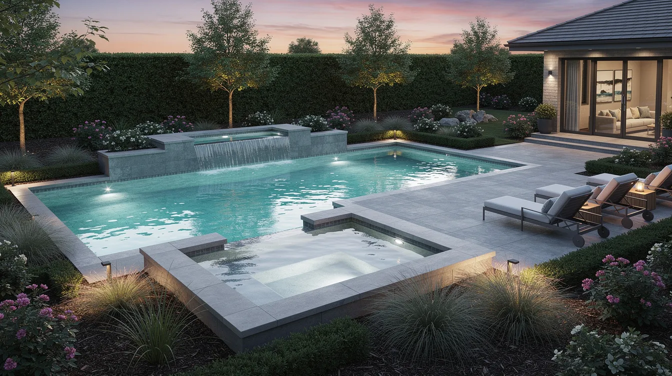 Modern backyard pool with a spa, lounge chairs, and landscaped garden at dusk