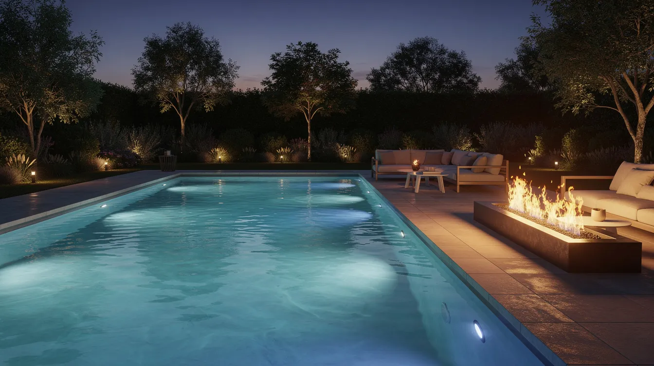 The image depicts an evening swimming pool featuring underwater lighting that casts a serene glow, complemented by a stylish fire feature and comfortable seating around the pool area. This modern pool remodel showcases a complete transformation with elegant design elements, enhancing both functionality and aesthetic appeal.