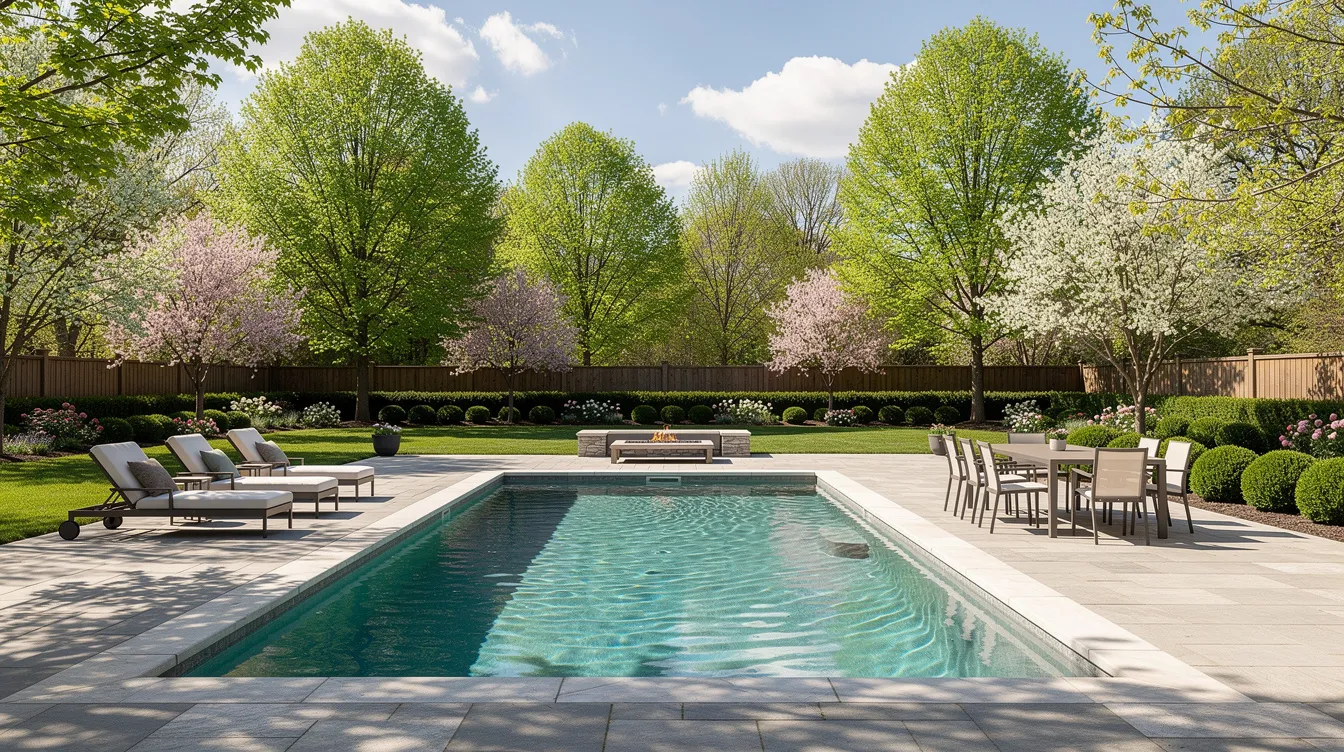 A rectangular swimming pool surrounded by a stone patio, lounge chairs, and a dining set in a lush, tree-lined garden.
