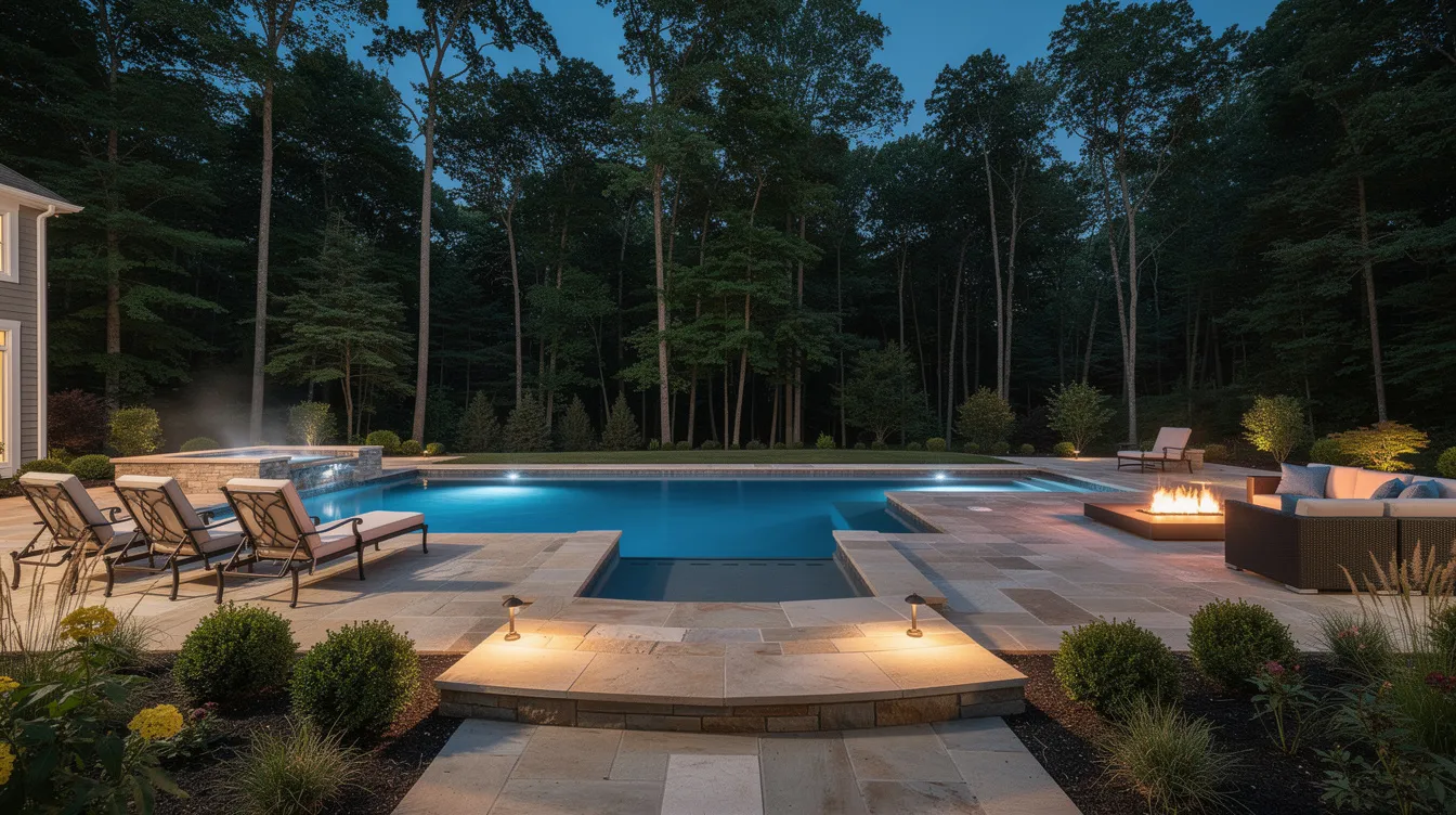 Backyard pool at dusk with lounge chairs, fire pit, and surrounding trees