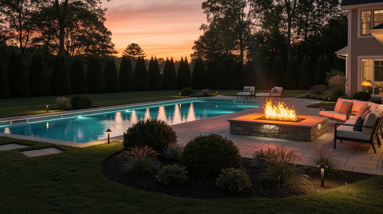 A beautiful custom pool glows under the sunset, surrounded by LED lighting and a fire pit, creating a serene backyard oasis in a residential Northern New Jersey setting. This inviting outdoor space features clean lines and modern design, perfect for family gatherings and relaxation.