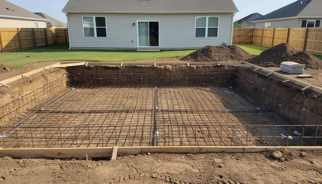 Backyard excavation with rebar foundation grid in front of a single-story house