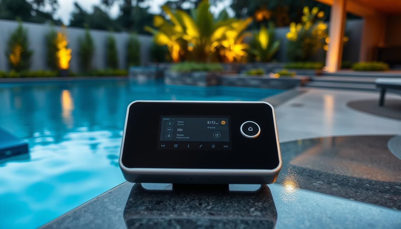 Digital touchscreen control panel beside a swimming pool at dusk