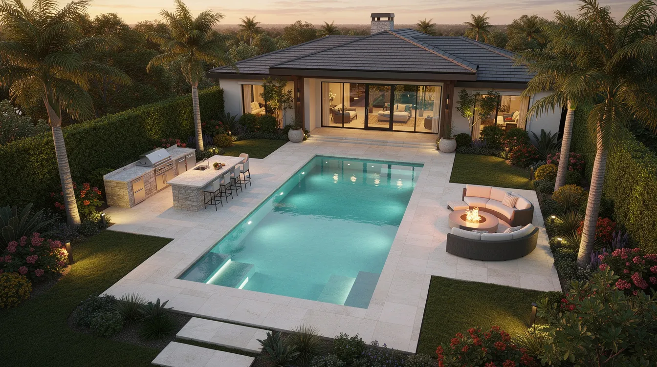 An aerial view showcases a stunning modern pool surrounded by a beautifully landscaped backyard oasis, featuring an outdoor kitchen and a cozy fire pit seating area. This custom pool design emphasizes clean lines and integrates seamlessly with the outdoor space, creating a perfect retreat for relaxation and entertainment.
