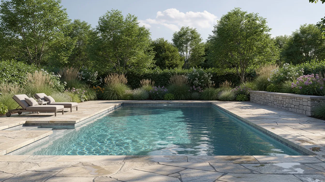 Rectangular backyard pool with stone patio and lounge chairs, surrounded by trees and shrubs