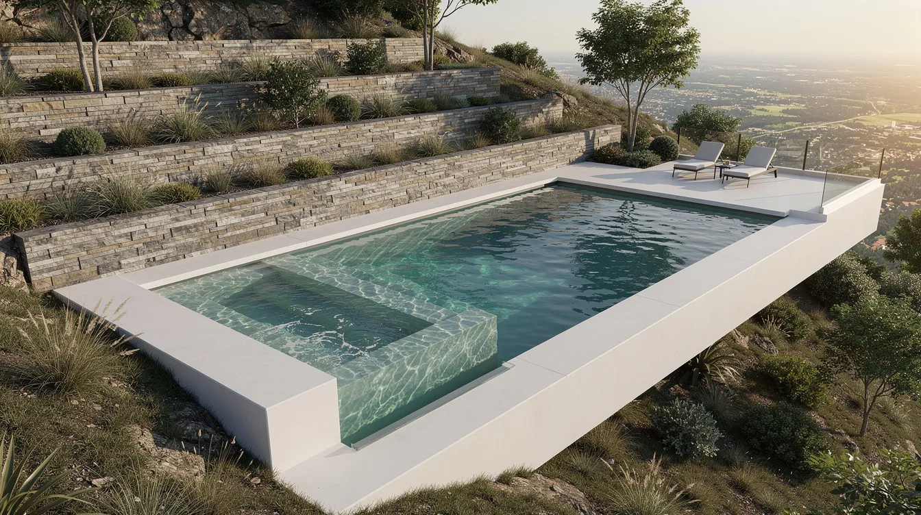 Modern rectangular infinity pool beside stone terraces overlooking a hazy landscape