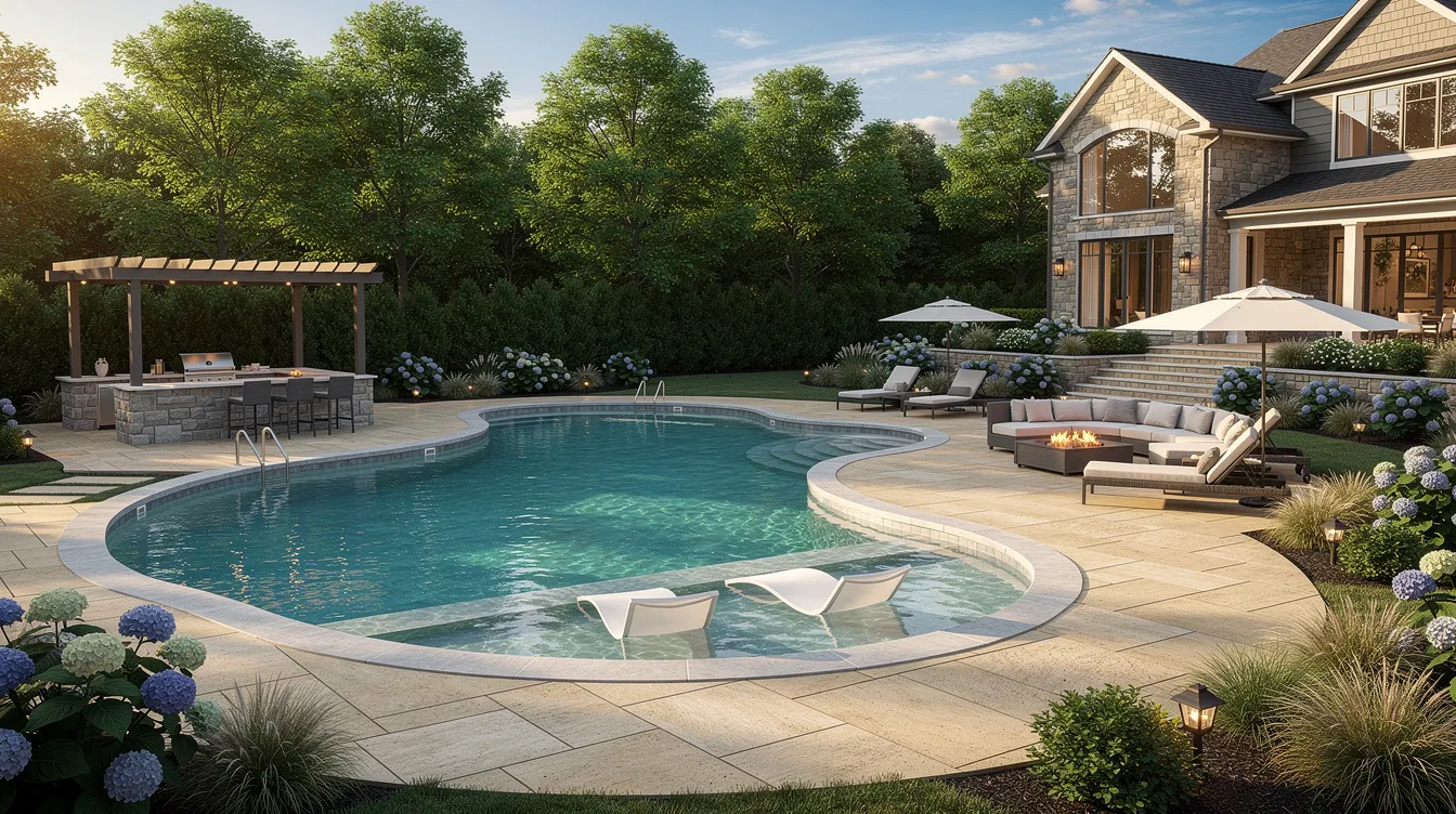 The image showcases a stunning custom luxury pool design in Northern NJ, featuring elegant water features and a beautifully crafted deck that transforms the outdoor space into a backyard oasis. This dream pool, designed by top swimming pool contractors, reflects the quality and exceptional service provided by experienced professionals in pool construction and renovations.
