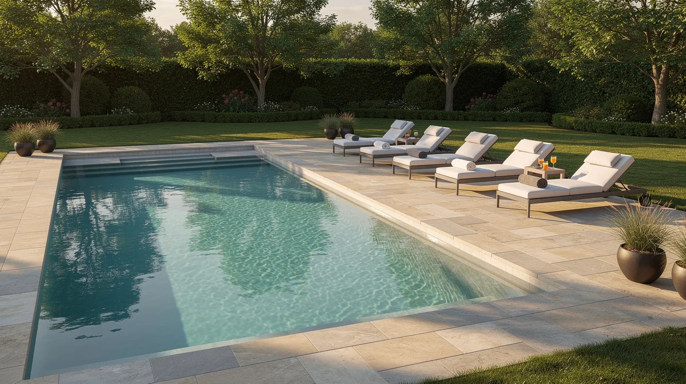 A luxurious inground swimming pool is surrounded by a natural stone patio and comfortable lounge seating, set in a lush suburban backyard. This inviting space is perfect for relaxation and family enjoyment, showcasing the beauty of a well-designed pool area.