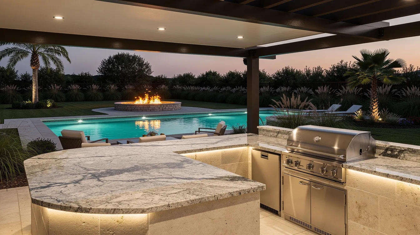The image features a stylish outdoor kitchen with granite countertops and a built-in grill, overlooking a beautiful backyard swimming pool and a cozy fire pit. This inviting outdoor living space is perfect for entertaining and enjoying relaxation by the inground fiberglass pool.