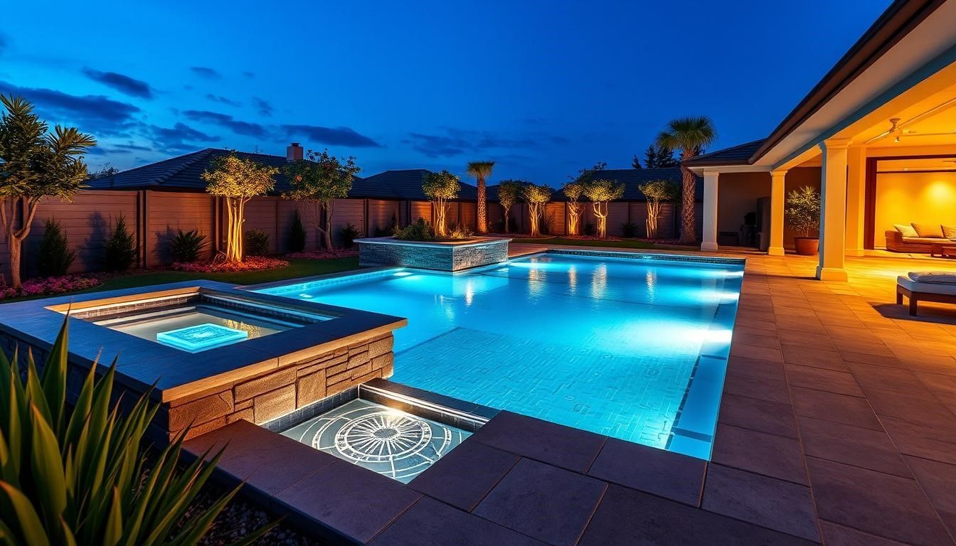 Luxury backyard pool at dusk with glowing blue water, hot tub, and warm-lit patio under palm trees